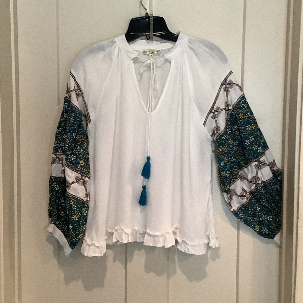 Boho White Peasant Blouse with Teal Embroidered Sleeves